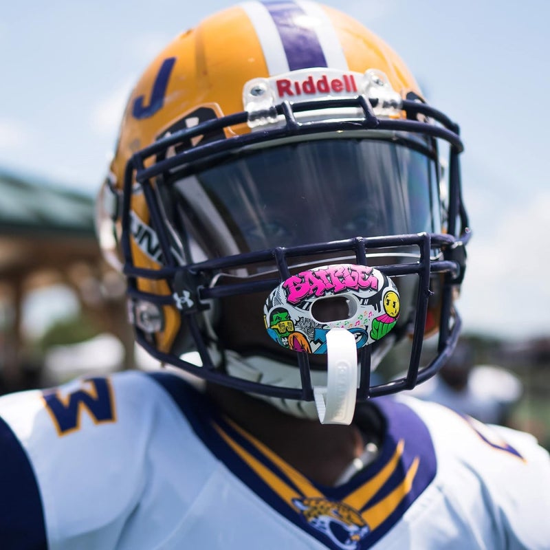 Battle Sports Oxygen Football Mouthguard - Football Mouth Guard with Strap, Superior Airflow & Better Performance, Maximum Breathability, Works with Braces - Graffiti/Colorful - Image 4